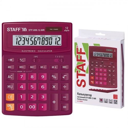 Калькулятор настольный STF-888-12-WR (200х150 мм) 12 разрядов, двойное питание, бордовый